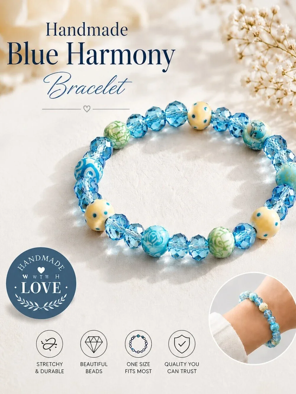🌸2/$16🌸 Blue and Yellow Handmade Beaded Stretch Bracelet